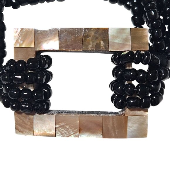 Elegant Black Beaded Bracelet Rectangular Mother Of Pearl Accent Stretchable - Picture 4 of 5